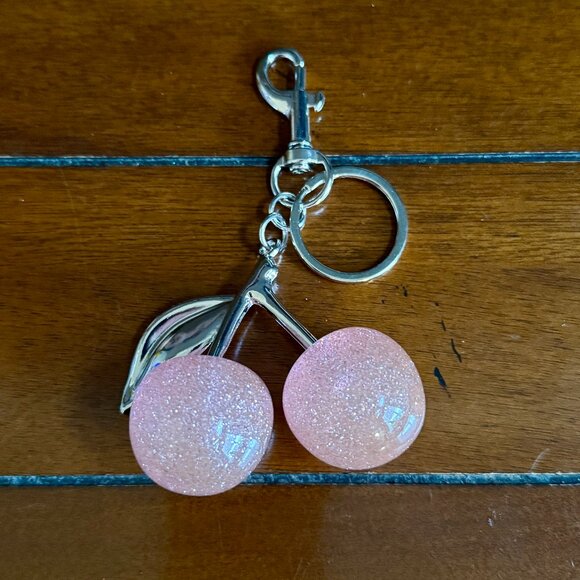 NEW Pink Glitter Large Cherries Purse Charm Keychain Goldtone - Picture 4 of 5